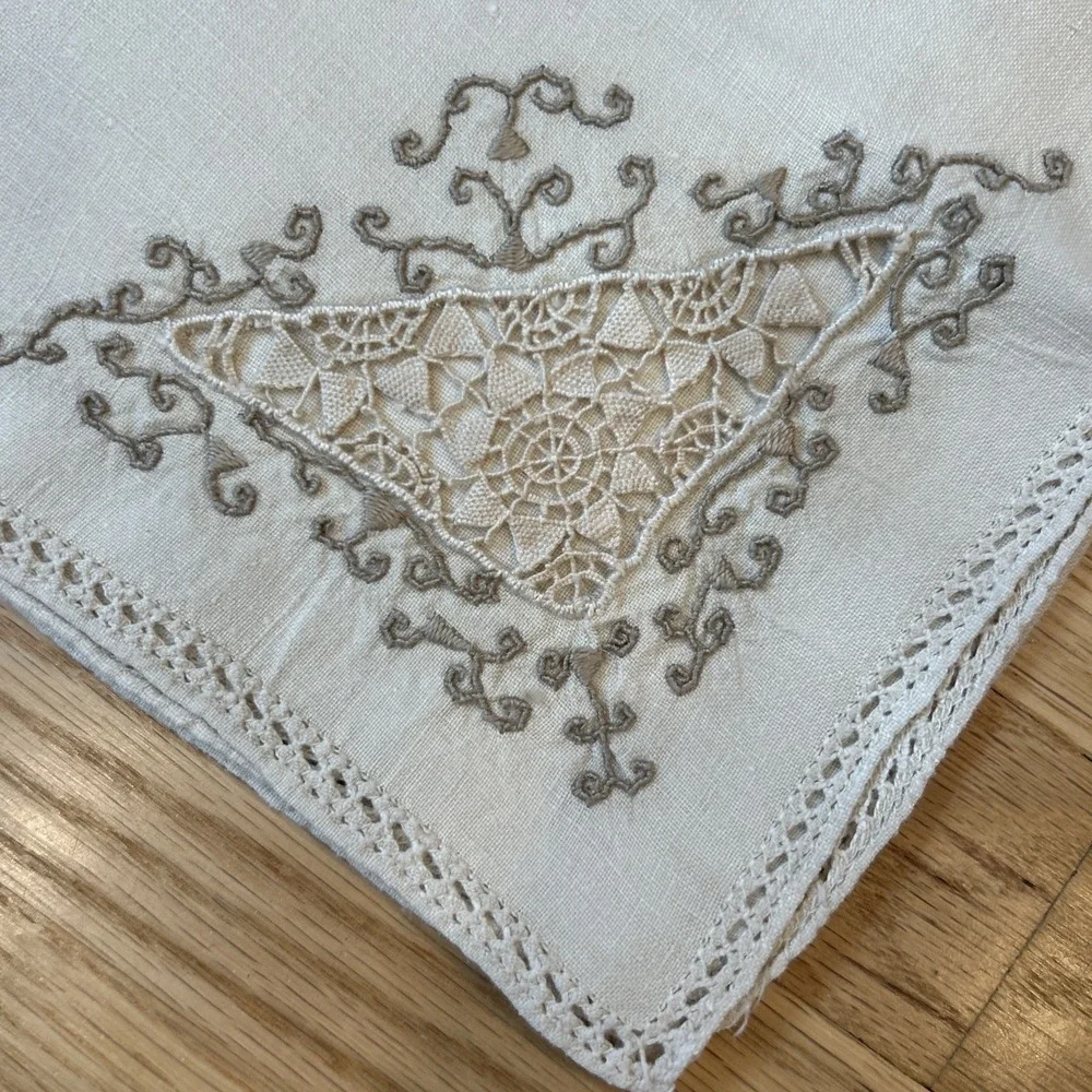 Vintage Madeira Linen Dinner Napkins Set 11 Taupe Embroidered Needle Lace XL